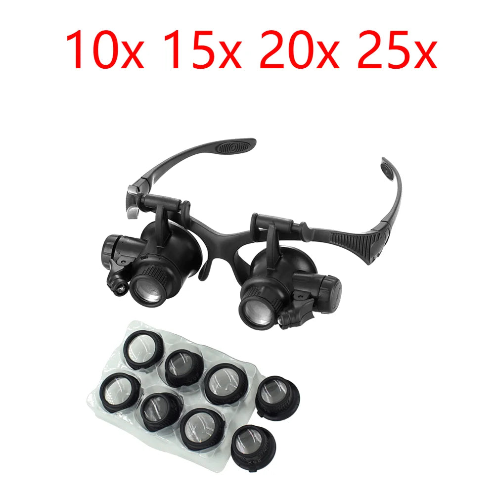 Adjustable LED Headband Magnifier with 10x/15x/20x/25x Interchangeable Lenses — Hands-Free Magnifier for Jewelry Repair, Watchmaking and Reading