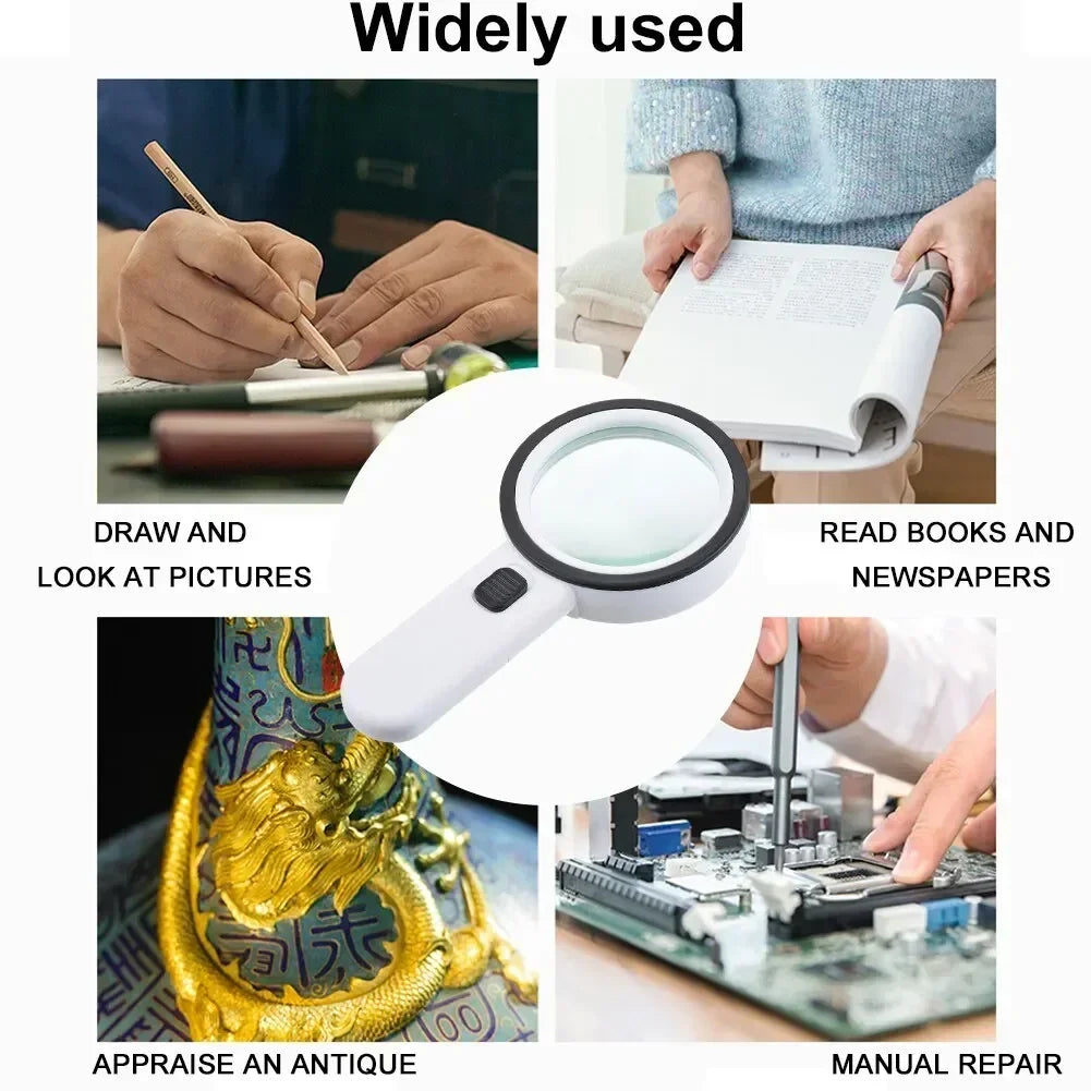 30X Handheld Magnifier with 12 LED Lights, Portable Loupe for Reading, Jewelry & Watch Repair