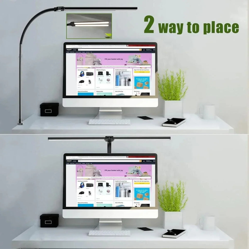 Dimmable LED Clip-On Desk Lamp – Dual-Head Adjustable 31.5in (80cm) Arm, USB Clamp Light for Office, Reading & Monitor Lighting