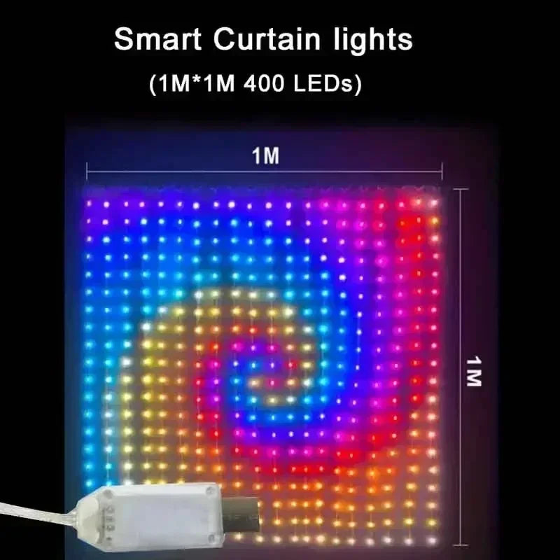 USB LED Smart Curtain Lights 400 LEDs Bluetooth App RGB Music Sync Fairy String Lights for Window & Bedroom (1×1m/3.3×3.3ft, 2×2m/6.6×6.6ft, 3×3m/9.8×9.8ft)