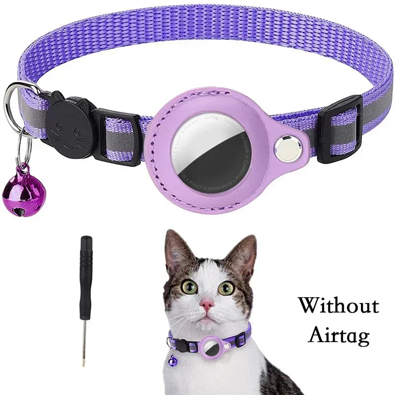 Adjustable Reflective Cat Collar with Tracker Case & Bell — Protective PU Holder for Bluetooth GPS Trackers, 22–34 cm (8.7–13.4 in)