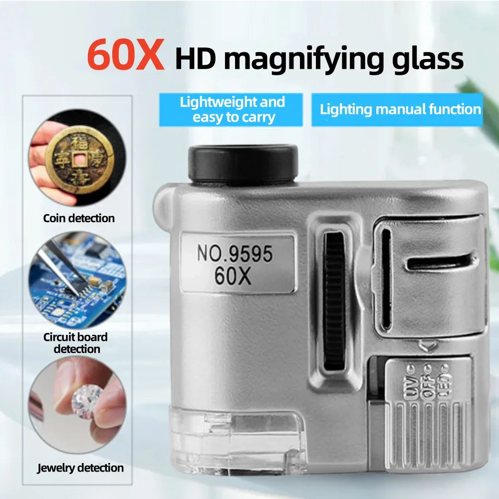 60x Handheld Pocket Magnifier with LED & UV Light Portable Jeweler Loupe