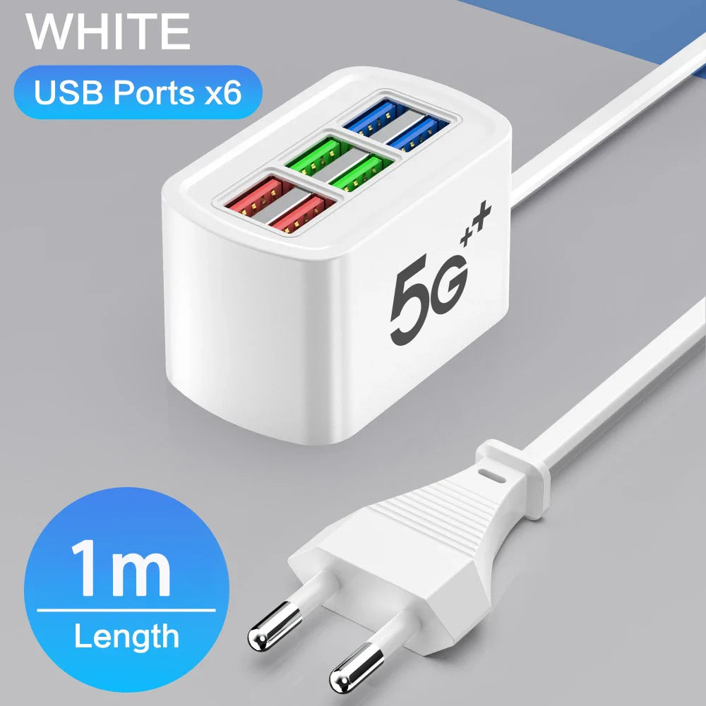 6-Port USB Travel Charger Hub – 120W Fast Charging Power Strip with EU & US Plug, Universal USB AC Adapter