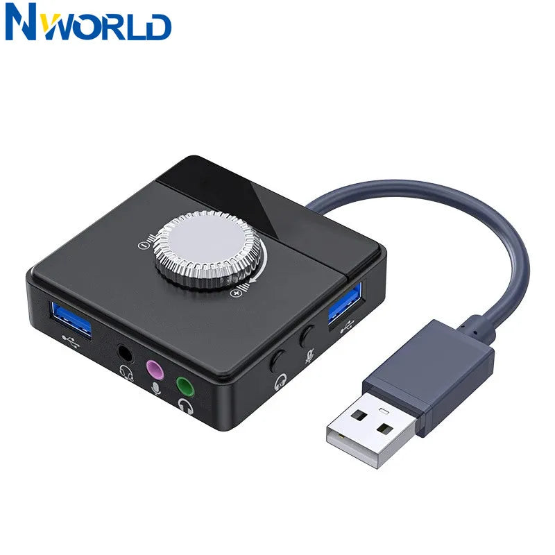 USB External Sound Card with 3-Port USB Hub – Plug-and-Play Audio Adapter for Headset & Microphone, 15Hz–25kHz