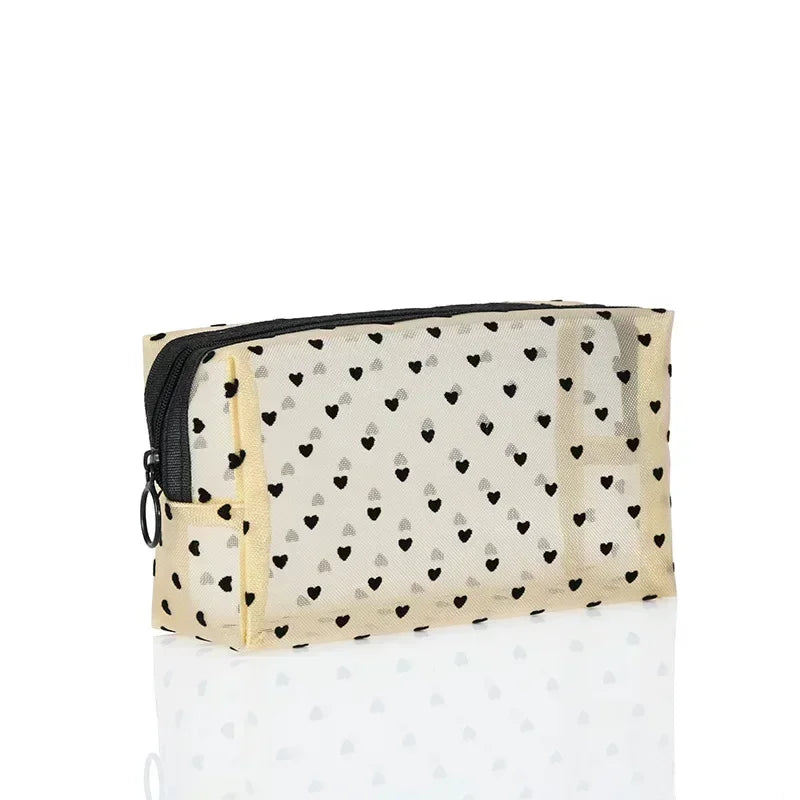 Heart-Shaped Mesh Cosmetic Bag - Zipper Toiletry Makeup Pouch for Women, Coin & Lipstick Organizer