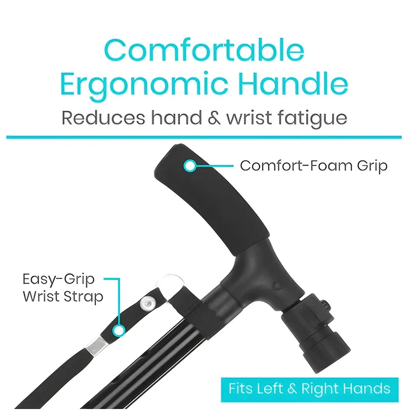 Adjustable Folding LED Walking Cane – Lightweight Aluminum, Anti-Slip Quad Tip, 32.3–37 in (82–94 cm), 250 lb Capacity