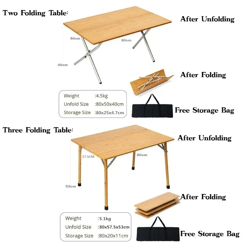 Bamboo Folding Camping Table — Portable Foldable Picnic & BBQ Outdoor Dining Table with Carry Bag