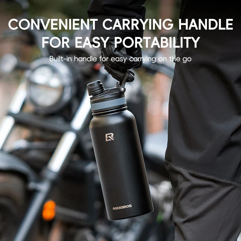 Insulated Stainless Steel Cycling Water Bottle — Vacuum Thermos 550/650/1000/1200ml (18.6/22/33.8/40.6oz) with Carry Handle
