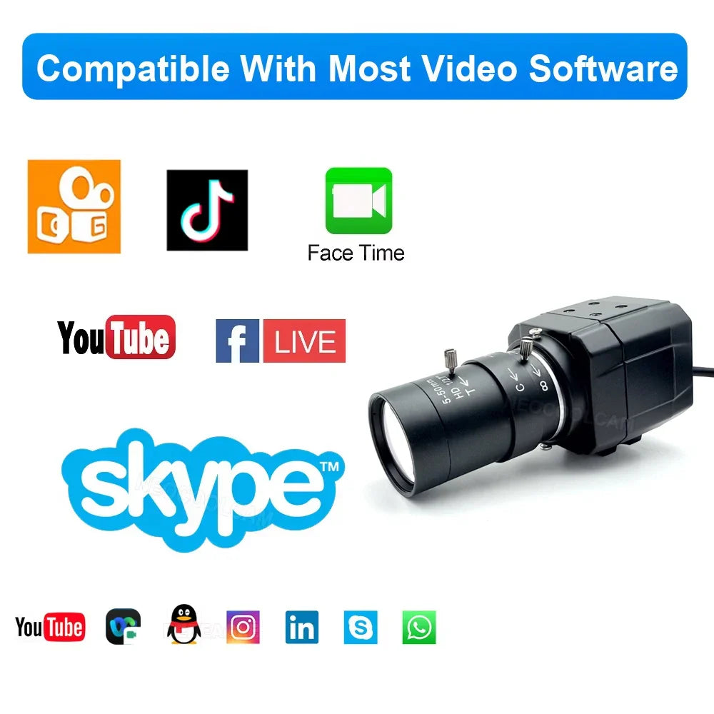 4K 8MP USB Camera – 5–50mm Varifocal Lens, 30fps UVC Plug-and-Play Webcam for PC Live Streaming & Teaching