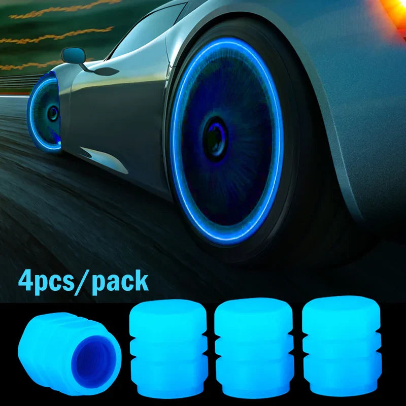 Glow-in-the-Dark Luminous Tire Valve Caps Set of 4 — Fluorescent Wheel Valve Stem Caps Universal for Car Motorcycle Bicycle