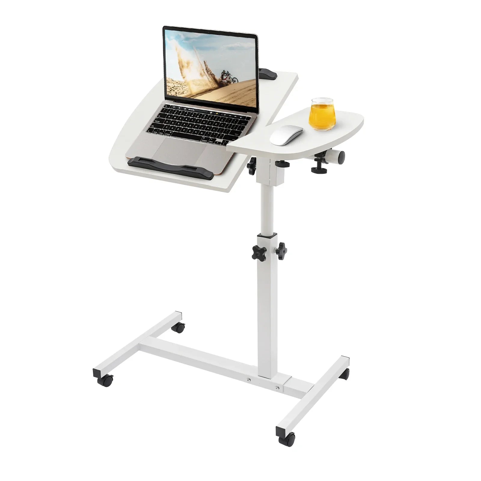 Adjustable White Mobile Laptop Table Stand with Lockable Wheels, Height & 360° Tilt C-Table for Bed Sofa Home Office