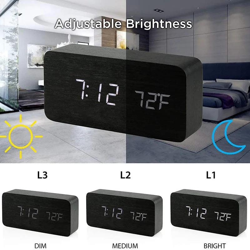 Wooden LED Digital Alarm Clock with Temperature Display — 3 Alarms & Adjustable Brightness, USB Bedside Desk Clock