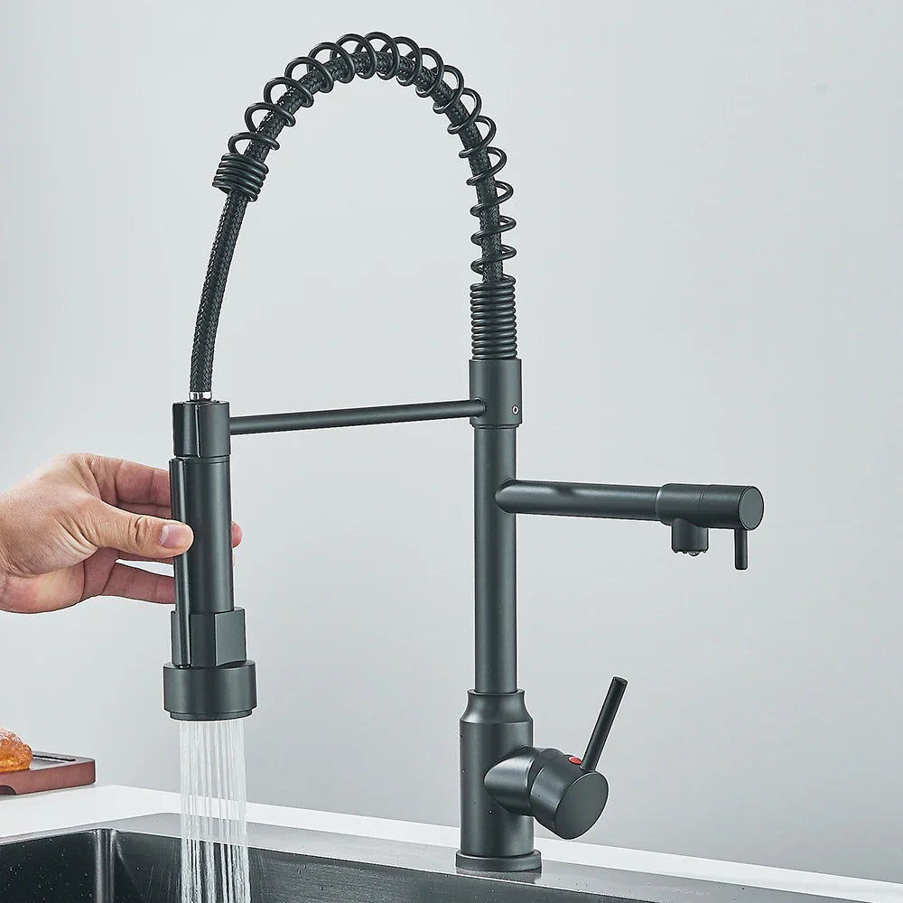 Pull-Down Spring Kitchen Faucet Single Lever Mixer Retractable Dual Spout Hot & Cold Stainless Steel