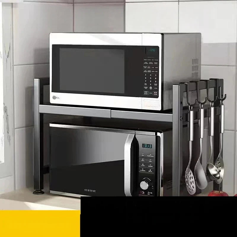 Adjustable Over-Microwave Shelf - Free-Standing Metal Kitchen Storage Rack & Detachable Spice Organizer