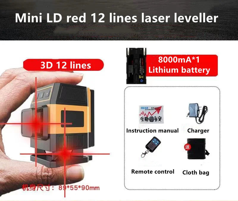 Mini 12/16-Line 3D/4D Self-Leveling Red Line Laser Level — 360° Horizontal & Vertical Cross, IP54, ±1mm/7m