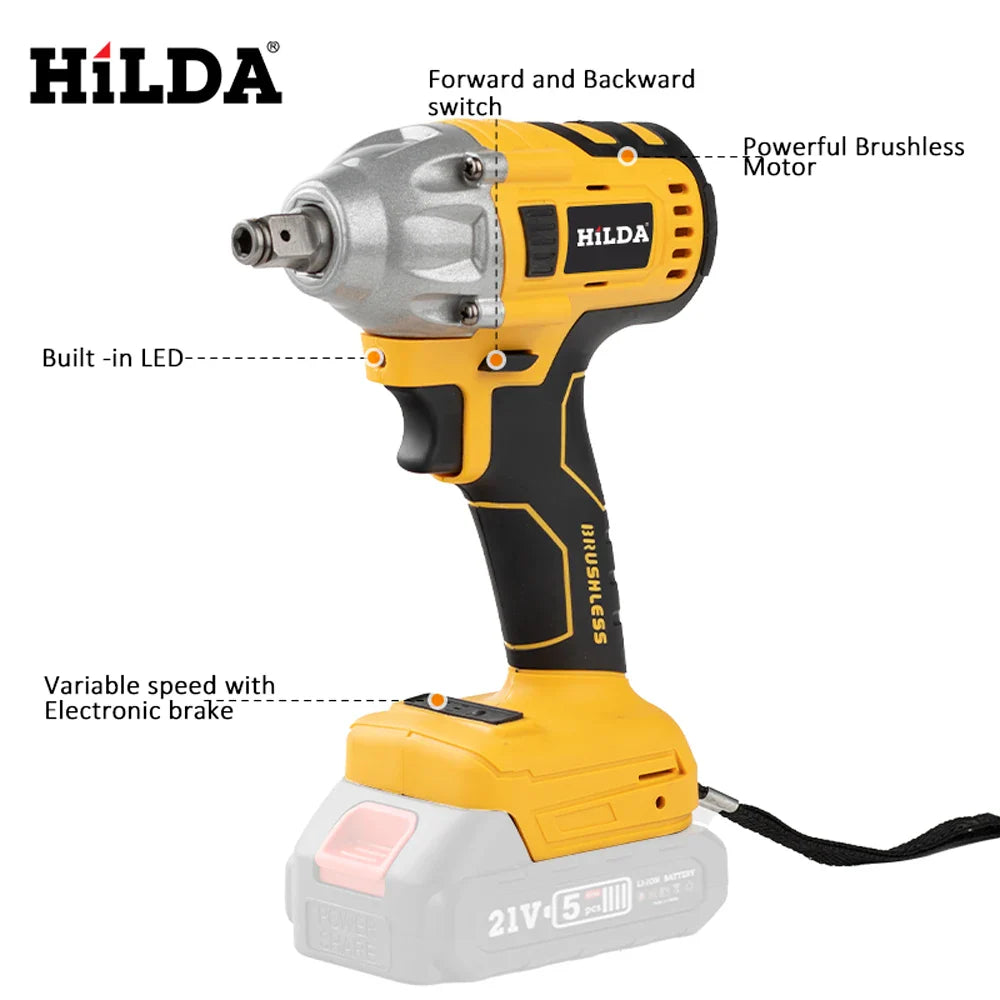 Cordless Brushless 1/2-Inch (12.7mm) Electric Impact Wrench — 21V Compatible, 520 N·m Torque, High-Speed Power Tool for Home DIY