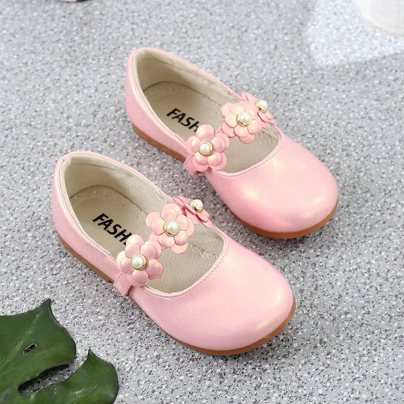 Girls Floral PU Leather Dress Flats with Flower Applique – Princess Party Shoes (EU Sizes 26–36)