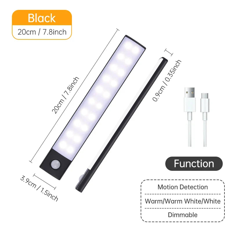 Rechargeable Motion Sensor LED Night Light — USB Wireless Cabinet & Wardrobe Light with Magnetic Mount, 3 Color Temperatures (3000K/4000K/6000K)
