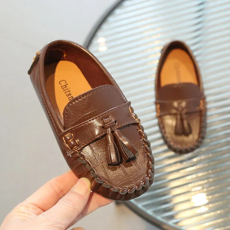 Kids Moccasin Loafers Slip-On Tassel Non-Slip PU Leather Flats for Boys and Girls (Ages 7-12)