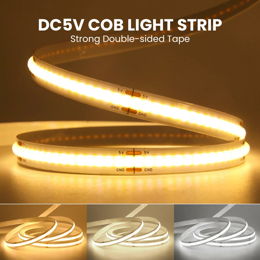 5V COB LED Strip Light with 3xAA Battery Box, 8mm 320 LEDs/m, 0.5–5m, Warm/Natural/Cool White, Adhesive Backing