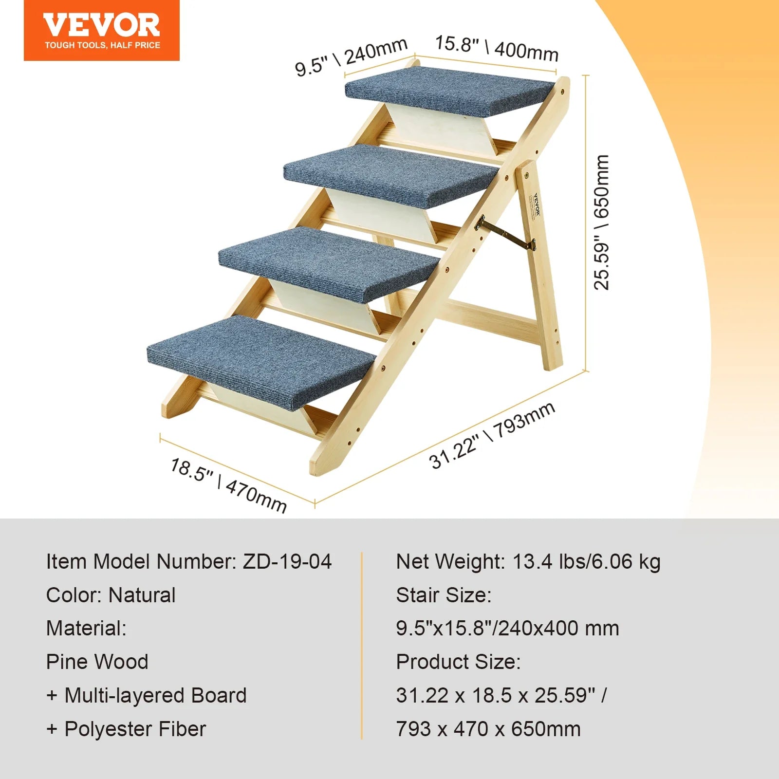 Foldable Wooden Pet Stairs & Ramp 2-in-1 — Pet Steps for Dogs & Cats, 30.9in x 18.5in x 25.5in (78.5 x 47 x 64.8 cm), Supports 150 lb (68 kg)