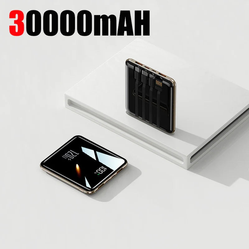 50000mAh Mini Power Bank - Large Capacity Fast Charging Portable Charger with 4 Built-In Cables (USB-C, Lightning, Micro USB) for Smartphones