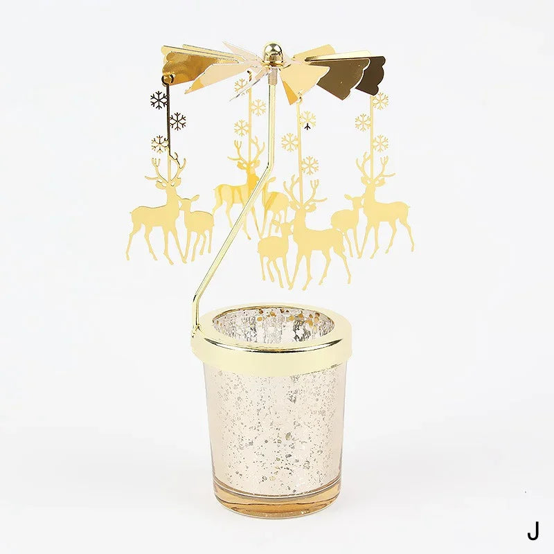 Rotating Tea Light Candle Holder Carousel Stand 6.7x3.1in (17x8cm) Metal Spinning Candlestick Gold Silver Home Party Christmas Decor Gift