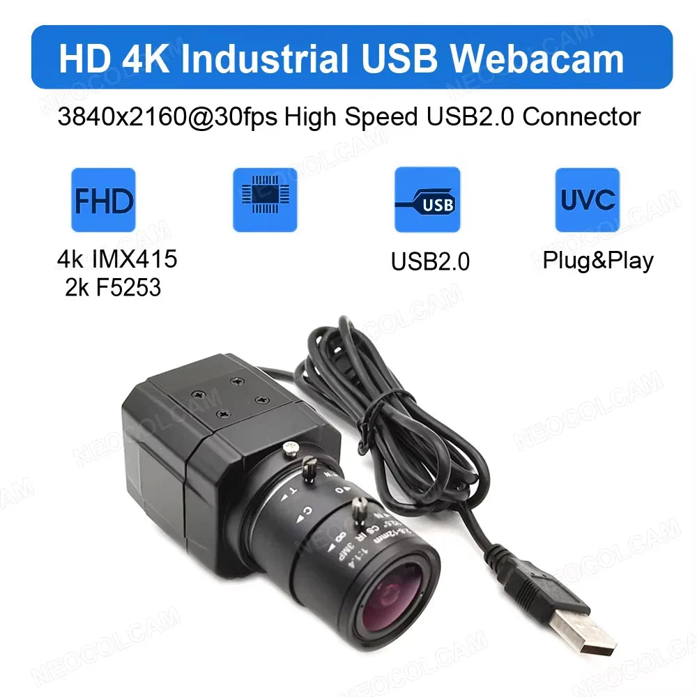 4K 8MP USB Camera – 5–50mm Varifocal Lens, 30fps UVC Plug-and-Play Webcam for PC Live Streaming & Teaching