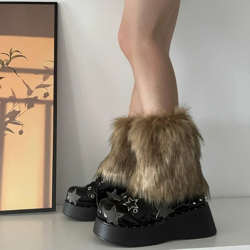 Faux Fur Leg Warmers Knee-High Boot Covers – Plush Y2K Goth Punk Warm Socks
