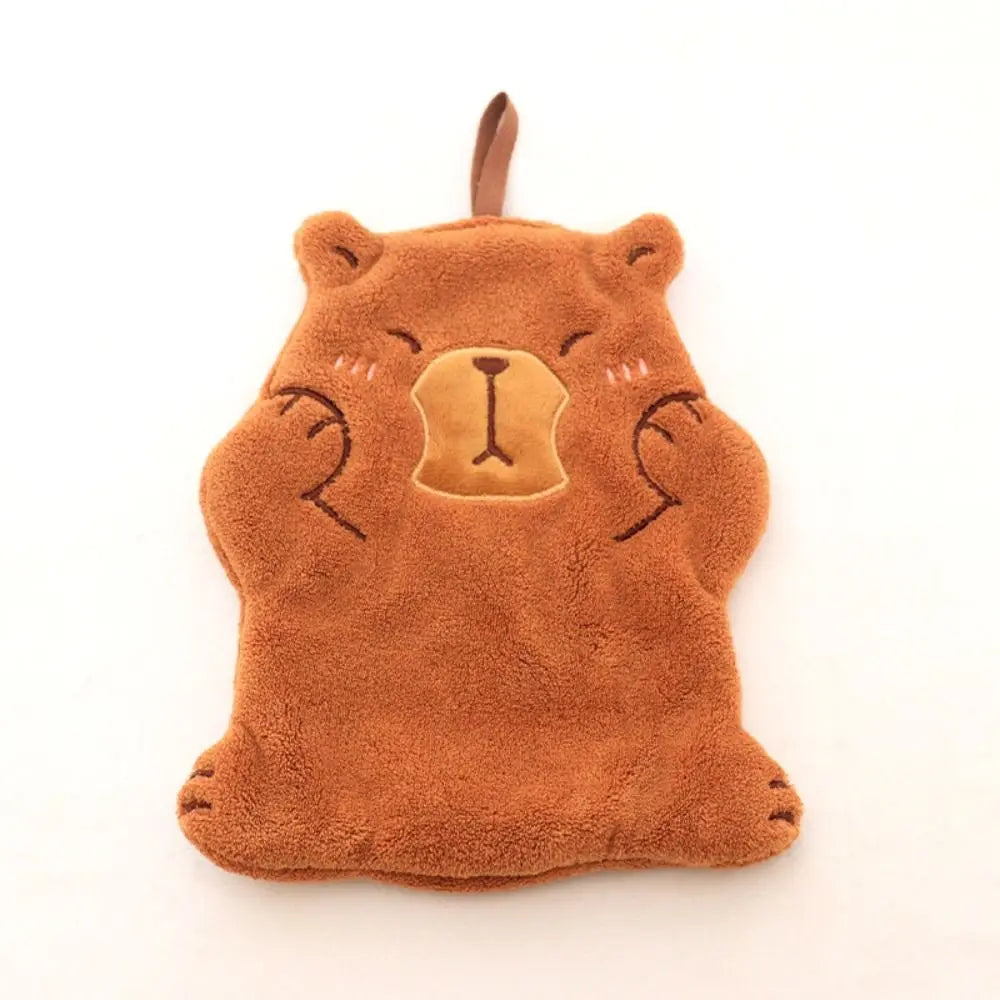 Cartoon Capybara Coral Velvet Hand Towel - Wall-Mounted Absorbent Kids Washcloth & Kitchen Rag, 28 x 34 cm (11.02 x 13.39 in)