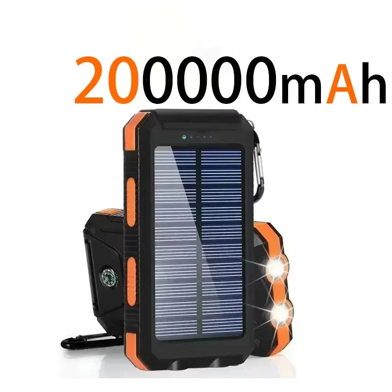 200000mAh Waterproof Solar Power Bank 20W Dual USB Portable Charger with LED Display & Flashlight for Camping