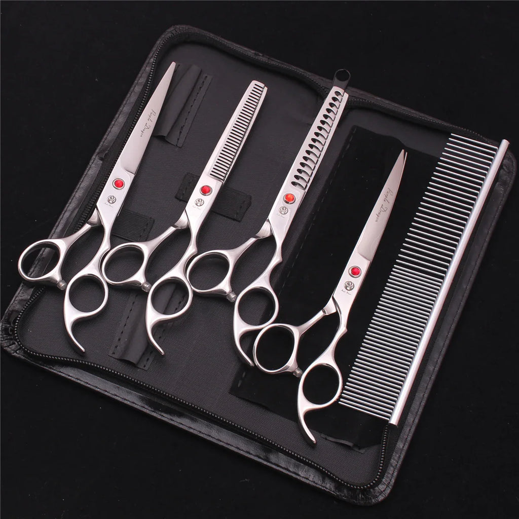 7-Inch (19.5 cm) Stainless Steel Pet Grooming Scissors Kit – Straight, Thinning, Chunker & Curved Shears