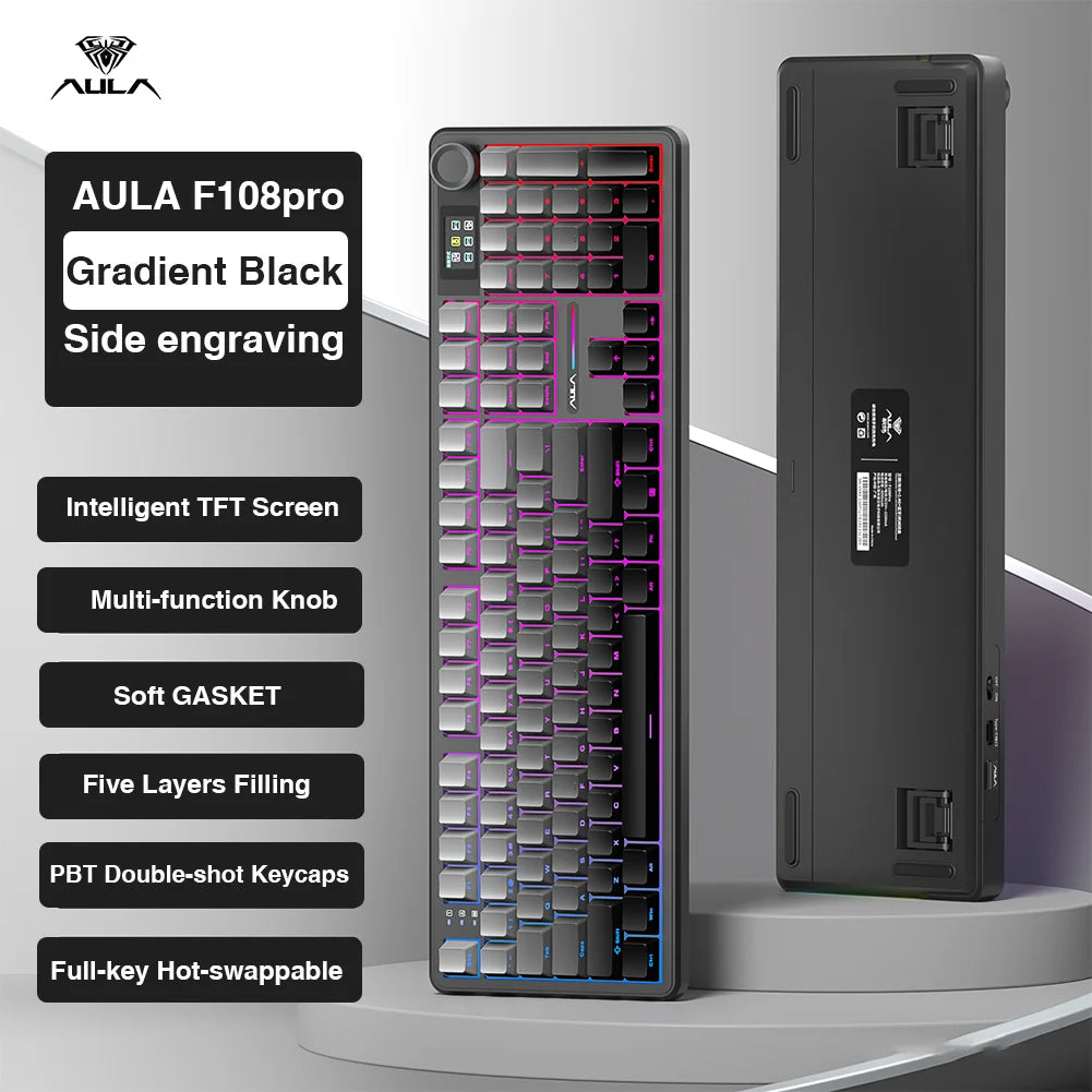Wireless Bluetooth Mechanical Keyboard 108-Key — Gasket Mount, Hot-Swappable Full-Size with TFT Smart Display, RGB (USB-C, 2.4G, Bluetooth)