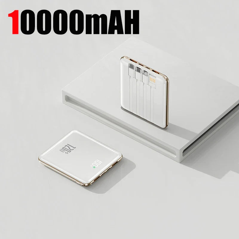 50000mAh Mini Power Bank - Large Capacity Fast Charging Portable Charger with 4 Built-In Cables (USB-C, Lightning, Micro USB) for Smartphones
