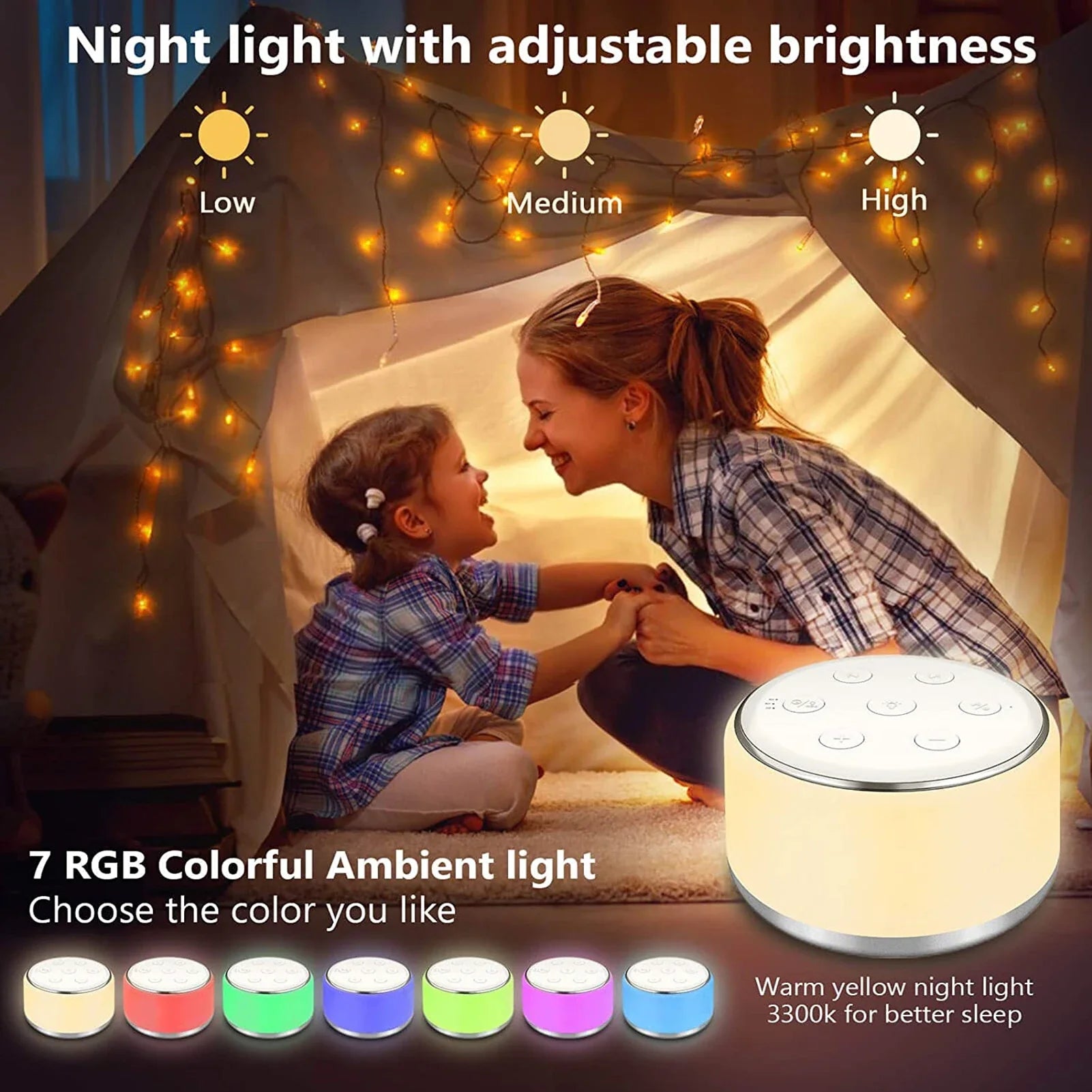 White Noise Machine for Baby – Portable Sleep Sound Machine with 34 Soothing Sounds, 7-Color Night Light, Timer & USB-C Rechargeable