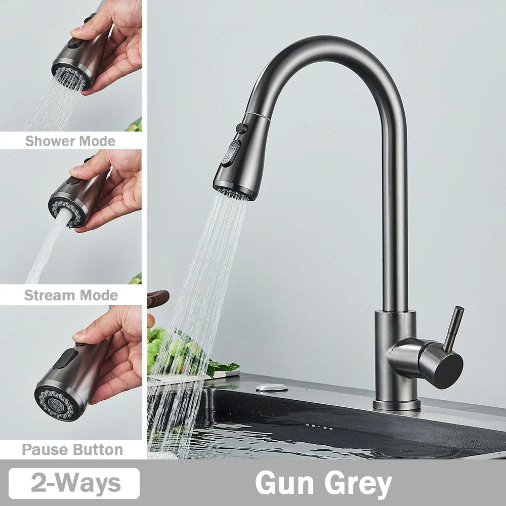 Chrome Deck-Mounted Pull-Out Kitchen Faucet - Single-Handle Single-Hole Mixer Tap with Ceramic Valve & Stream Sprayer