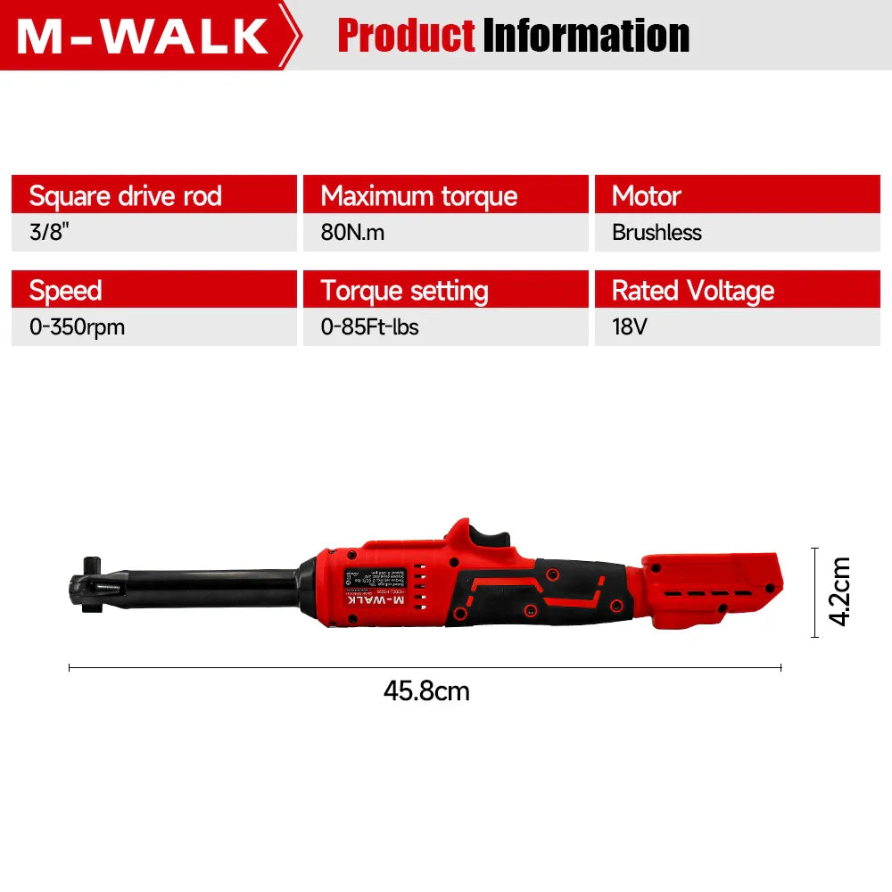 Extended Electric Ratchet Wrench 3/8" Drive 18V Brushless High Torque 80 N·m (0–85 ft·lb) Cordless