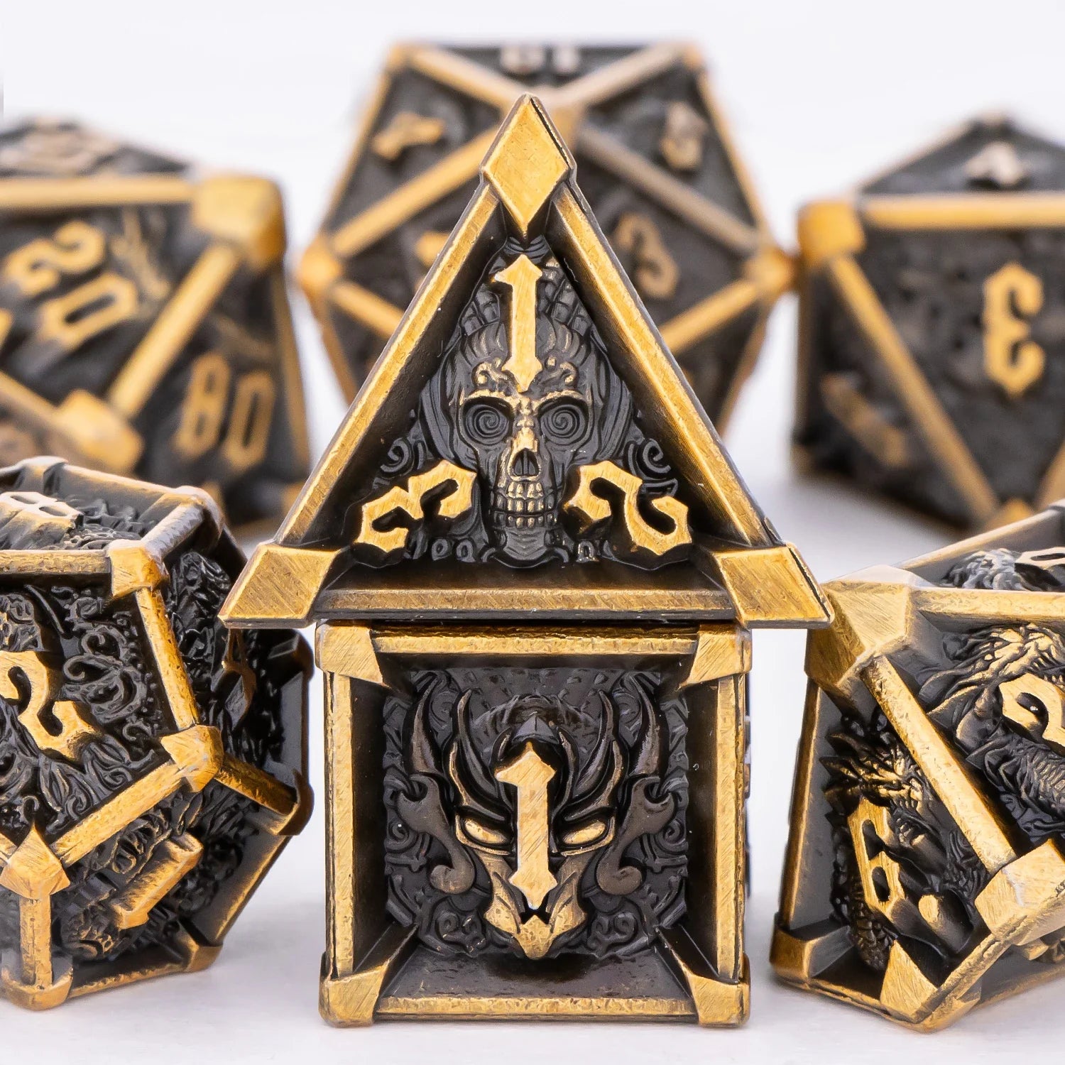 Skull and Dragon Metal Dice Set - 7-Piece Polyhedral DnD Dice for Dungeons & Dragons Tabletop RPG