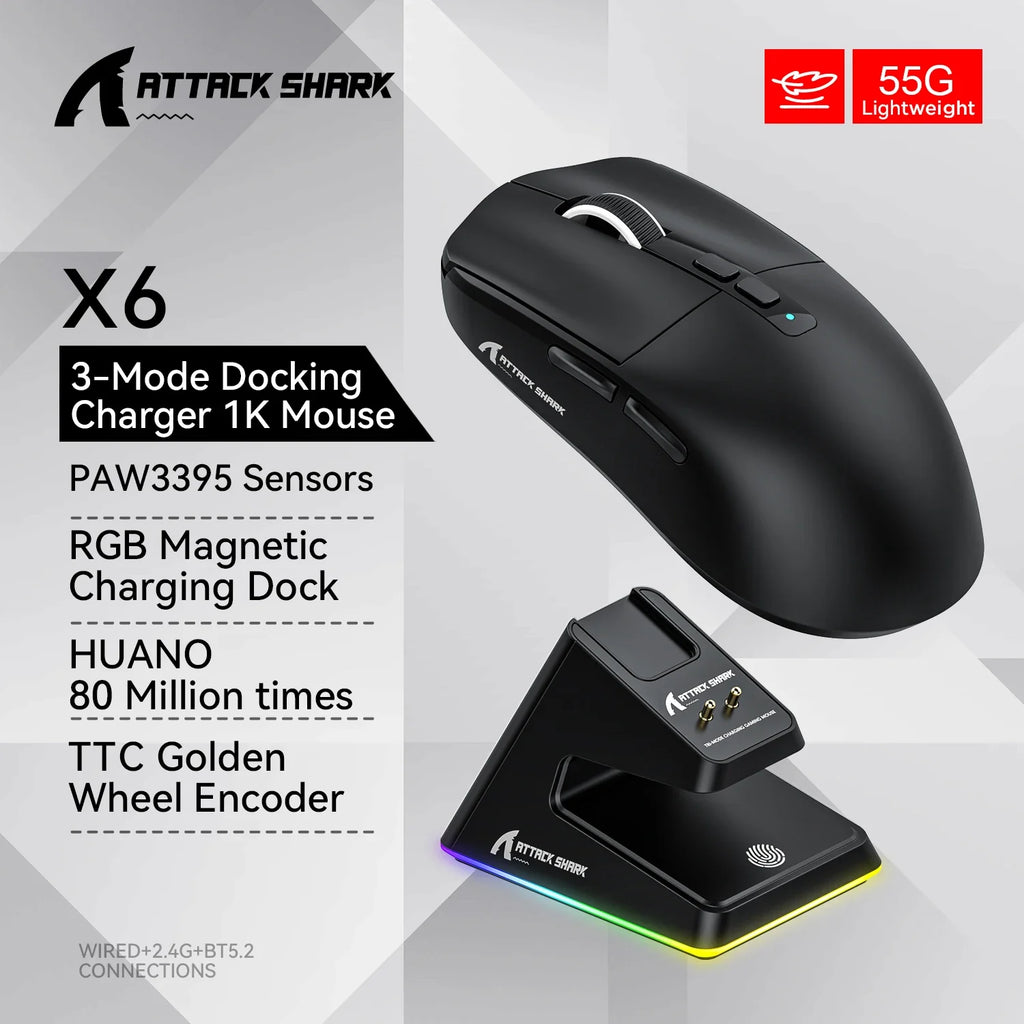 Lightweight Wireless Gaming Mouse 55g – Up to 26,000 DPI RGB Backlight, Charging Dock, 3-Mode Wired/2.4G/BT5.2 for Laptop & Desktop