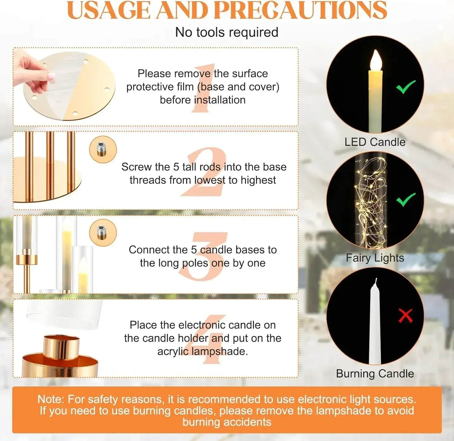 5-Arm Floor Candelabra 42.5 in (108 cm) Gold Metal Candle Holder with 5 Acrylic Shades for Wedding Centerpiece