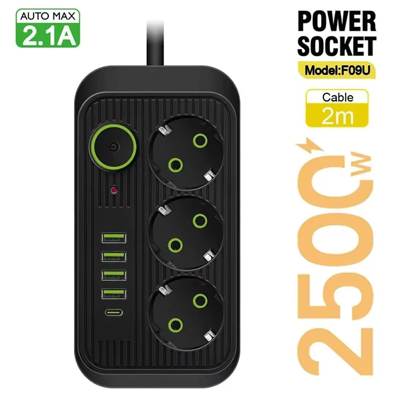 EU Power Strip 8 Outlets, 4 USB Fast Charging Ports, Overload Protection Extension Cord — 2m / 5m