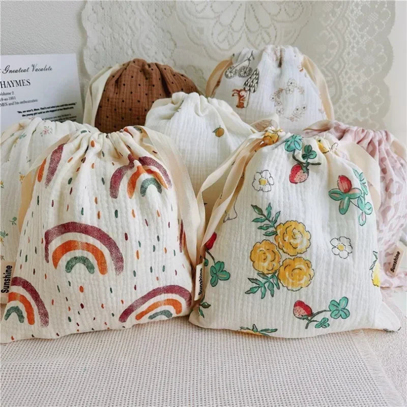 Printed Floral Diaper Bag – Cotton Drawstring Mommy Nappy Bag, Travel & Stroller-Friendly Organizer