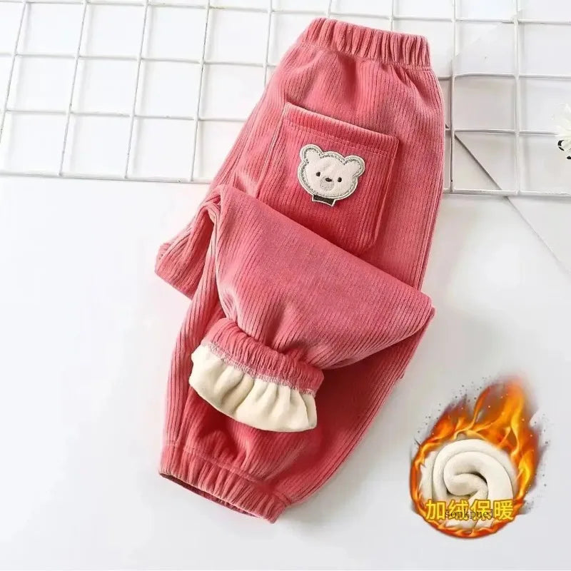 Kids Fleece-Lined Corduroy Harem Pants – Warm Autumn Winter Unisex Bear Print Casual Trousers
