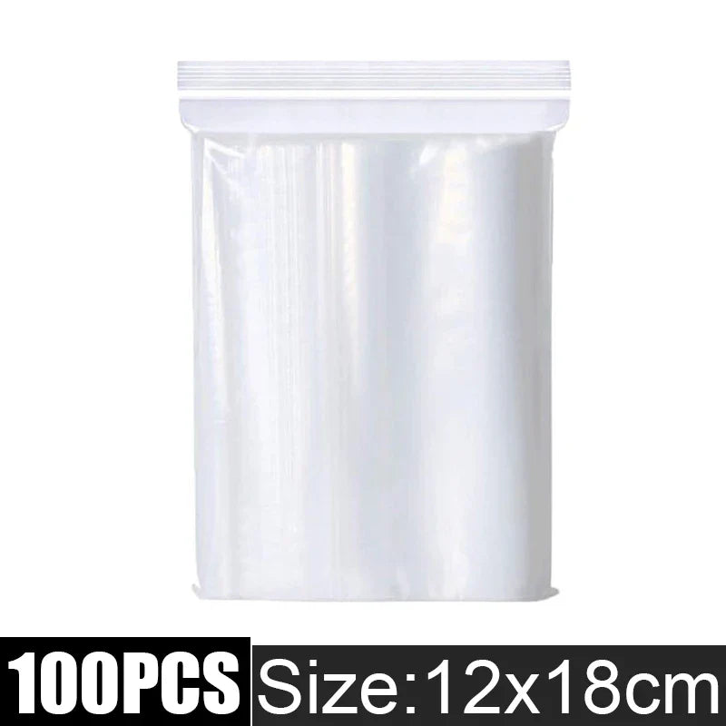Clear Thick Resealable PE Bags – Reclosable Zip Storage Pouches for Jewelry, Food & Crafts (Sizes 4×6–12×18 cm / 1.6×2.4–4.7×7.1 in, 100–500 Pack)