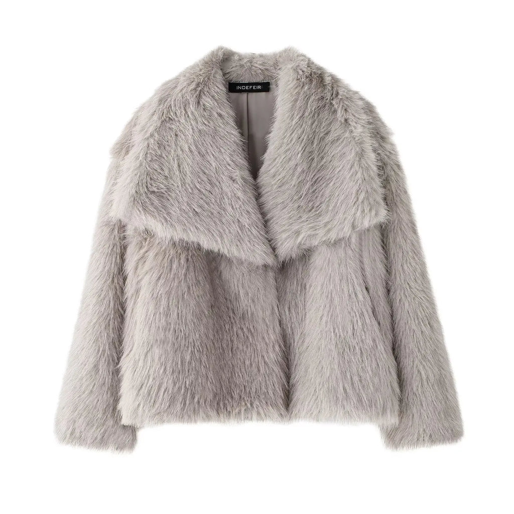 Cropped Faux Fur Jacket for Women – Long Sleeve Snap-Button Lapel Collar Thick Winter Coat