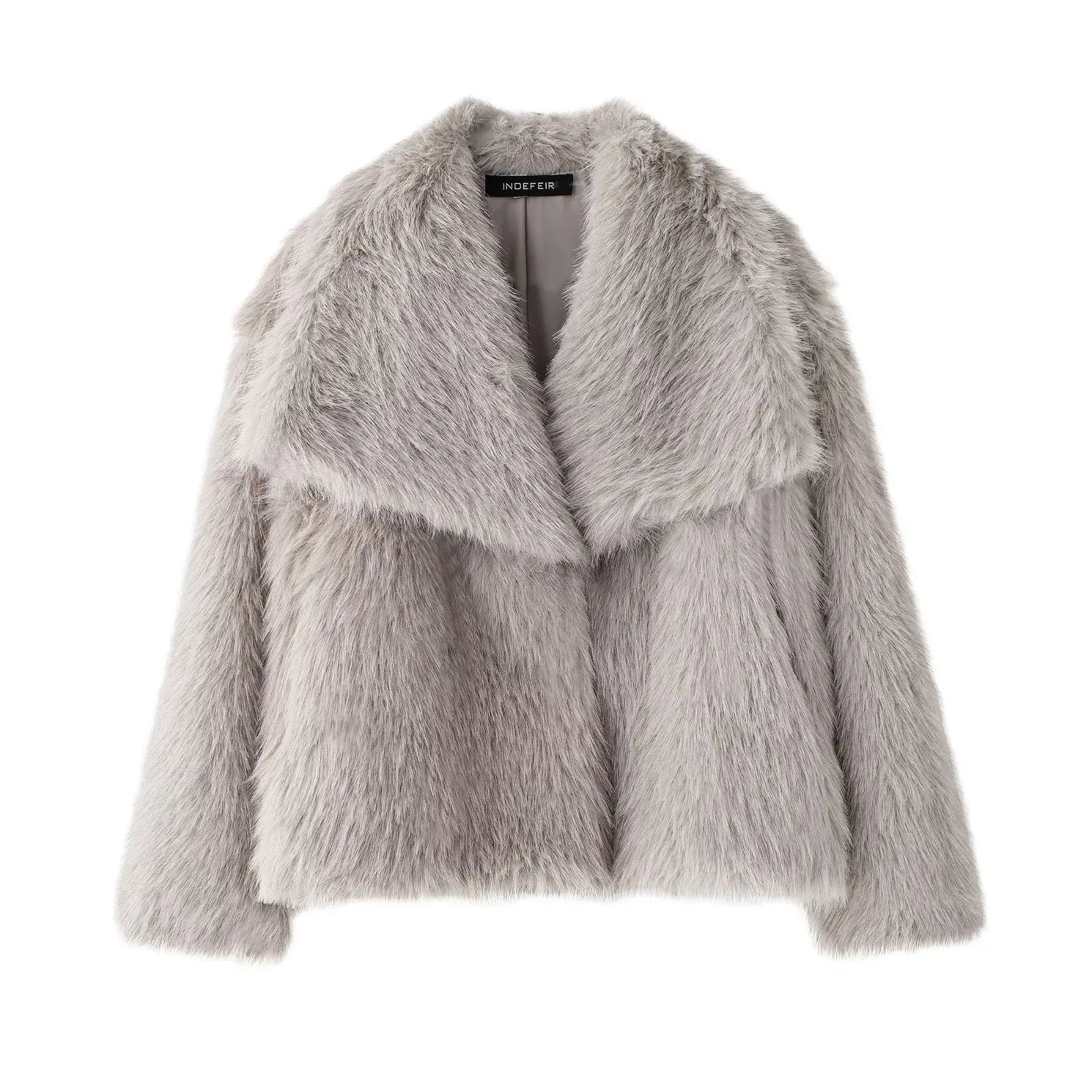 Cropped Faux Fur Jacket for Women – Long Sleeve Snap-Button Lapel Collar Thick Winter Coat