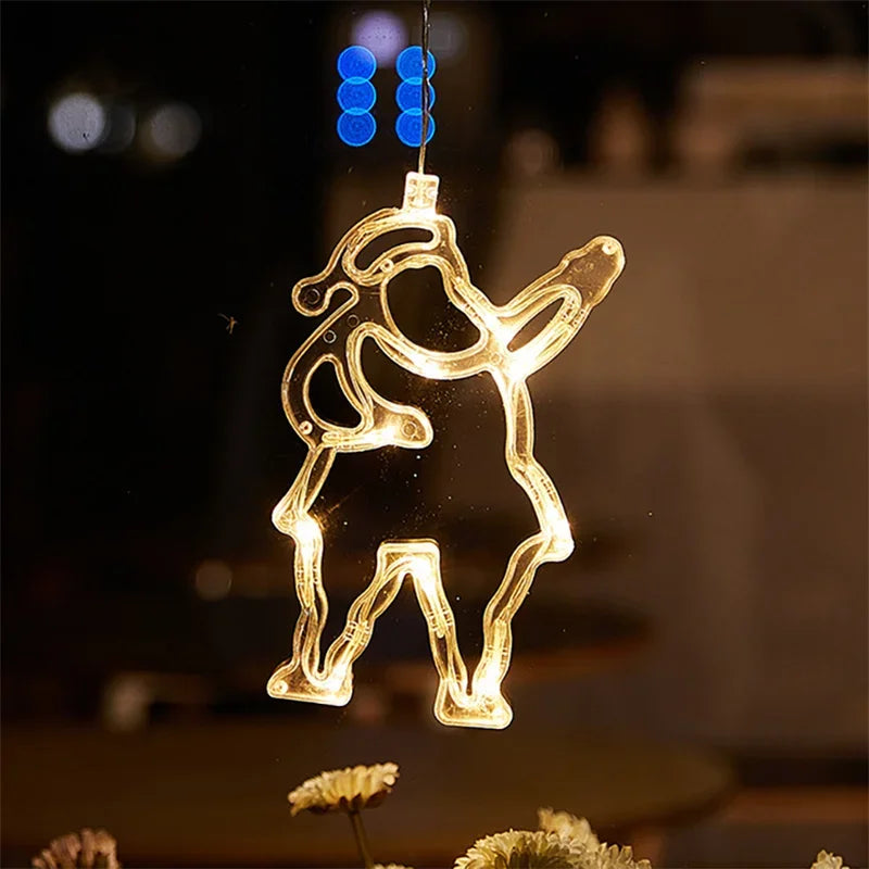 Battery-Operated Christmas LED Snowflake & Santa Hanging Window Ornaments – Warm White Holiday Decor