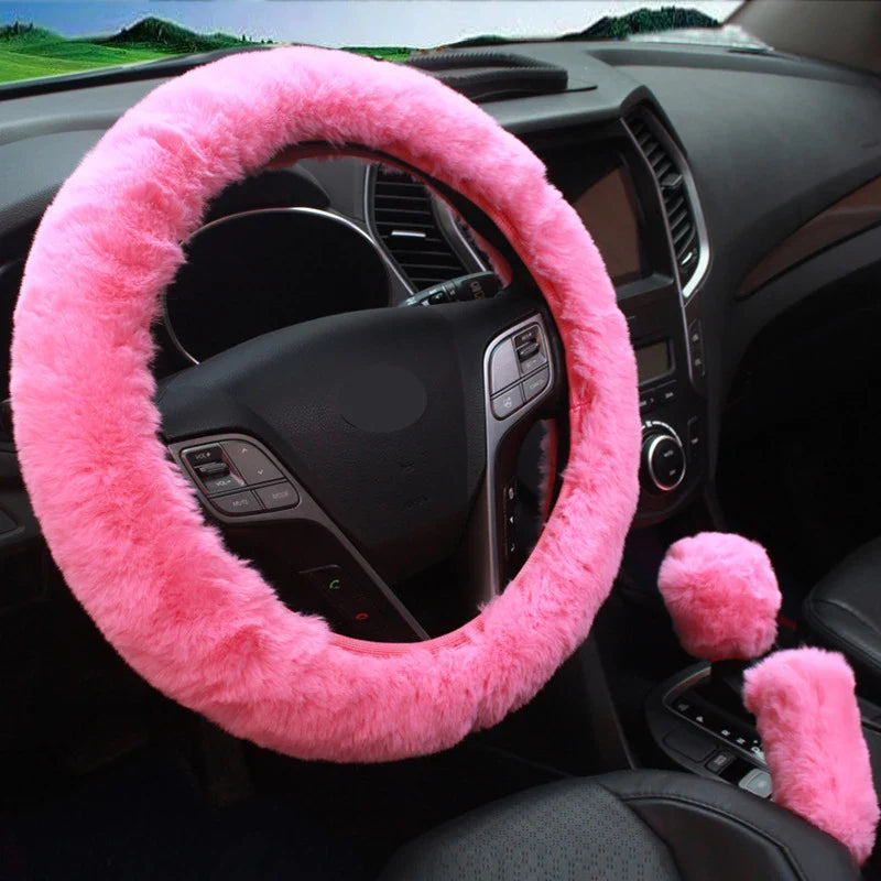 3-Piece Winter Rabbit Plush Car Steering Wheel Cover Set — Handbrake & Gear Lever Sleeves, Soft Fur Auto Interior Accessories