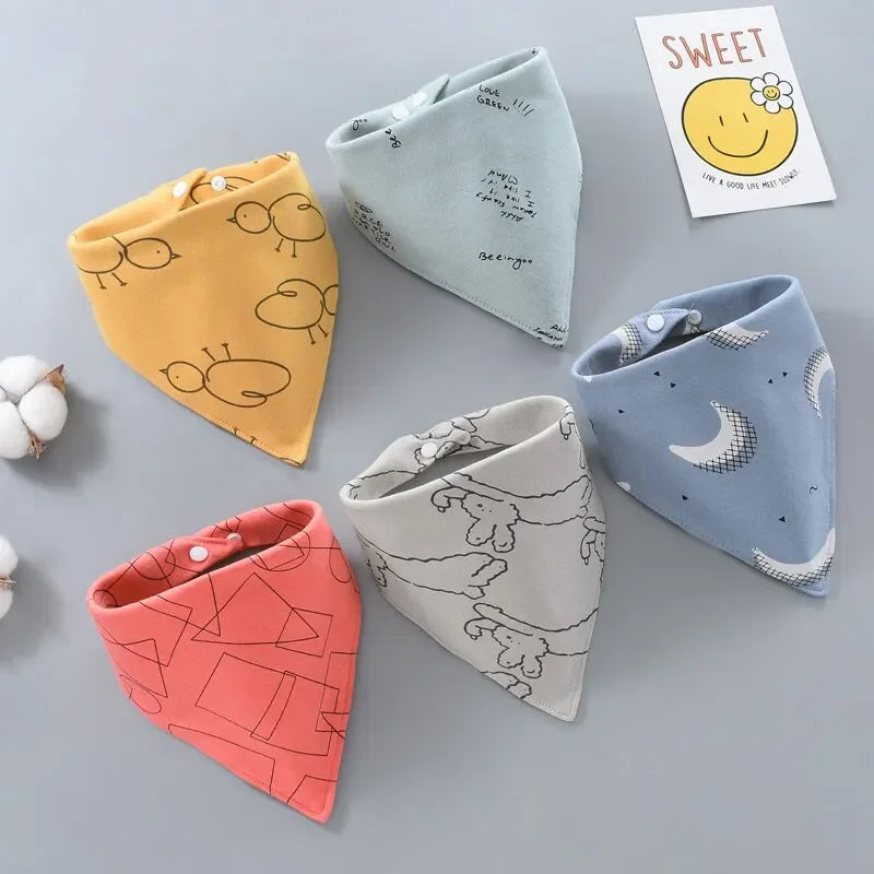 5-Pack Cotton Bandana Bibs – Waterproof Absorbent Baby Triangle Scarves, Cartoon Unisex Bibs