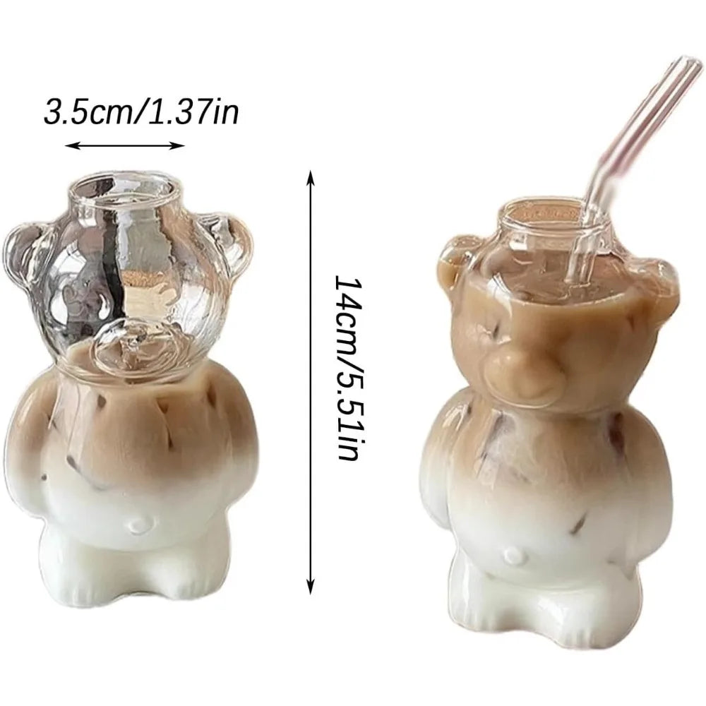 Cute Bear Glass Mug with Straw 320ml (11 fl oz) - Kawaii Cartoon Coffee & Milk Cup